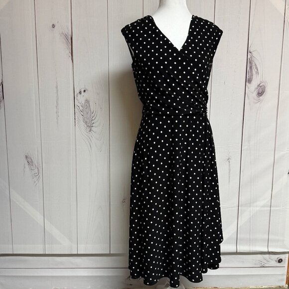 Lauren Ralph Lauren Women’s Black & White Polka Dot Faux Wrap Midi Dress, Size 8 - Picture 1 of 12